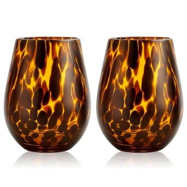 Imagem de SiliFine Taças de vinho sem haste coloridas com casca de tartaruga, taças de vinho coloridas sopradas à mão, vidro de cor marrom âmbar de 540 ml, copo de vidro ideal para gim, tequila, vodca