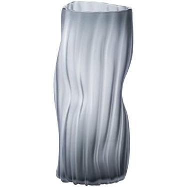 Imagem de YYBOES Vaso de vidro para decoração de vaso de flores, decoração de sala de estar nórdica de luxo leve de vidro cinza para sala de estar transparente para decoração de vaso de mesa, formato curvo