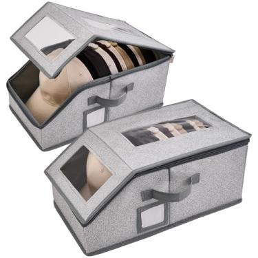 Imagem de 2 pacotes de armazenamento de chapéus para bonés de beisebol, caixa de chapéu com janela de visualização clara, organizador de chapéus para bonés de beisebol comporta 30 bonés com papelão para homens