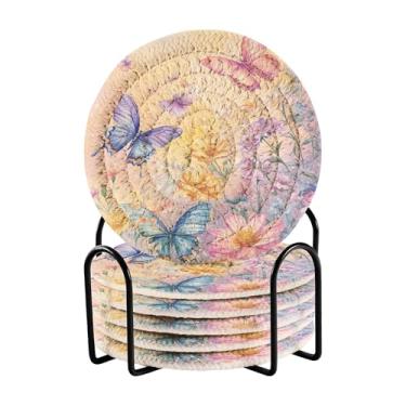 Imagem de SEHANY Elegante conjunto de 6 porta-copos de flores de borboleta com suporte, porta-copos redondos absorventes de algodão resistente ao calor para mesa de jantar, canecas de café, 10 cm