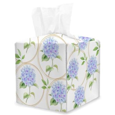 Imagem de Capa quadrada de caixa de lenços de papel de hortênsia, suporte de caixa de lenços de cubo floral contemporâneo, organizador de papel de couro para decoração de mesa, dispensador para banheiro, casa