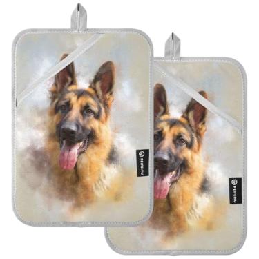 Imagem de Conjunto de 2 suportes de panela de bolso grande para decoração de cozinha, pintura pastor alemão feliz resistente ao calor forro acolchoado bancadas almofadas quentes trivets luvas de forno para