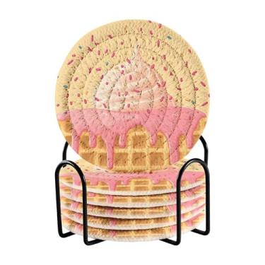 Imagem de SEHANY Conjunto de 6 porta-copos fofos de sorvete com suporte, porta-copos redondos absorventes de algodão resistente ao calor para mesa de jantar, canecas de café, proteção de copos, 10 cm