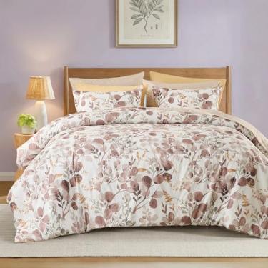 Imagem de Regency Heights Conjunto de edredom botânico leve Seersucker Queen, com design reversível, conjunto de cama em uma bolsa, conjunto de cama de microfibra premium, marrom