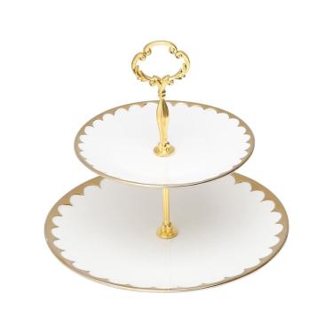 Imagem de Porta Doces de Porcelana 2 Andares Paddy Branco e Dourado 19/27 x 24 cm Wolff