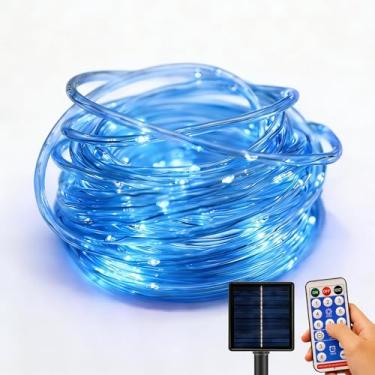 Imagem de Luzes de corda solar ao ar livre – 100 luzes LED à prova d'água de 100 fios com controle remoto, temporizador e 8 modos, tubo de iluminação azul sem emaranhamento para jardim, árvores, pátio e caminho