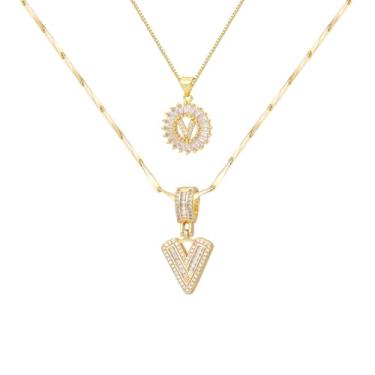 Imagem de ALFISO Colar com letras para mulheres, colares com inicial banhada a ouro 14K, joias personalizadas com nome personalizado, colar com pingente de iniciais para casal, 2 peças, colar elegante e