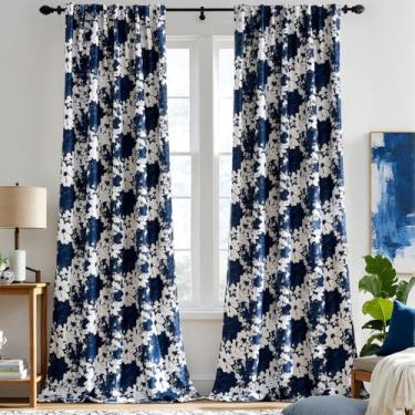 Imagem de Cortinas florais azul-marinho 100% blackout para sala de estar, conjunto de 2 painéis, 203 cm de espessura, vintage, flor de chenille, cortinas de janela, escurecimento de quarto, cortinas de quarto
