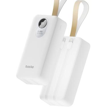 Imagem de Basike Power Bank, Carregador Portátil Universal 30000mAh, USB-A (até 22,5W, PD) + USB-C (até 20W, PD), 2 Cabos Integrados (USB-C e Lightning), Carregamento Rápido, Proteção Inteligente – Branco