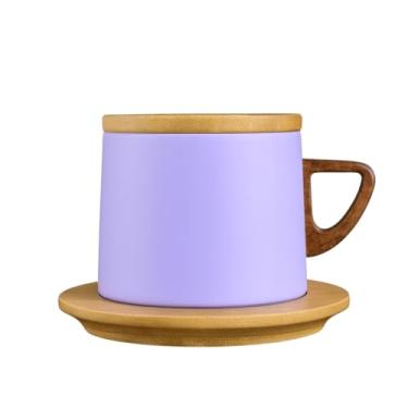 Imagem de Xícara Térmica de Aço Inoxidável, 384ml, Parede Dupla com Tampa e Pires de Bambu, para Café e Chá (DIVERSAS CORES) (Roxa)