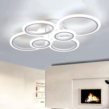 Imagem de Luminária de teto moderna LED com 6 anéis, 72 W, 5800 lúmens, luz quente 3000 K, lustre de embutir, ideal para cozinha, sala de estar, quarto, banheiro e iluminação interna, branca, 80 x 58