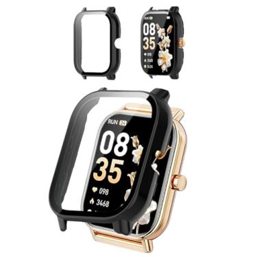 Imagem de Capa protetora compatível com smartwatch Haulvean de 4,7 cm, capa rígida de policarbonato e protetor de tela de vidro temperado 9H - à prova de choque, resistente a arranhões, cobertura total (preto)