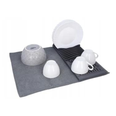 Imagem de Escorredor de Louças Dobrável com Tapete Mágico, Cinza, 44,7x23,4x6,1cm, Suporte para 12 Pratos, Microfibra Superabsorvente, Sistema de Pinos Organizadores