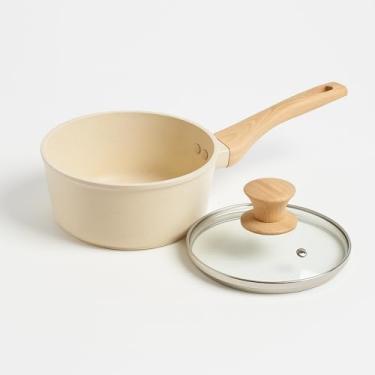 Imagem de Panela Antiaderente Efeito Granito 18cm 1,75L com Tampa de Vidro e Saída de Vapor | Cabo Efeito Madeira | Fundo para Indução | Ideal para Molhos, Sopas e Arroz