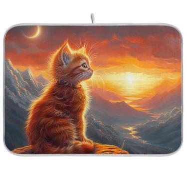 Imagem de Sunset Cat Tapete de secagem de louça, tapete absorvente de café, tapete reversível para decoração de bancada de cozinha, 40,6 x 45,7 cm