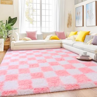 Imagem de Quntue Tapete quadriculado 22 x 30,5 cm para sala de estar, ultra fofo felpudo felpudo grande tapete antiderrapante para quarto de crianças e meninas, decoração de casa, rosa e branco