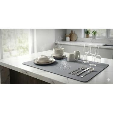 Imagem de Tapete mágico Escorredor de Silicone para louças Bancada de Cozinha, Diatomita Ultra Absorvente, Protetor multiuso Antiderrapante Resistente ao Calor, 60x40 cm, Cinza