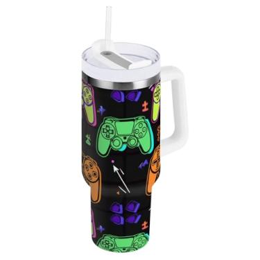 Imagem de Copo de aço inoxidável isolado preto com alça e tampa de canudo para controle de jogo de 850 g