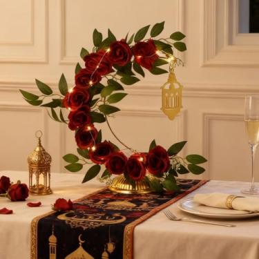 Imagem de Yookeer Decorações de Ramadã Eid Mubarak, guirlandas em forma de lua iluminada com castelo para lareira, escritório, quarto, artigos de festa, decoração de mesa para festa muçulmana, decoração de casa