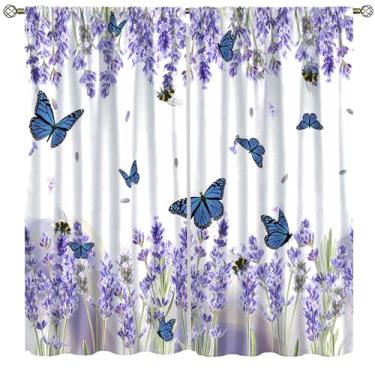 Imagem de Cortinas Borboleta Primavera Azul Roxo Flor Violeta Abelha Natureza Rústica Paisagem Janela Tratamentos para Cozinha Crianças Meninos Meninas Quarto Sala de Estar 107 cm L X 113 cm C