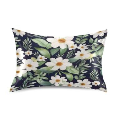 Imagem de Wassud Fronha de cetim de flores brancas e folhas verdes para cabelo e pele fronhas de seda lisa tamanho padrão capas de travesseiro respiráveis com fecho de envelope