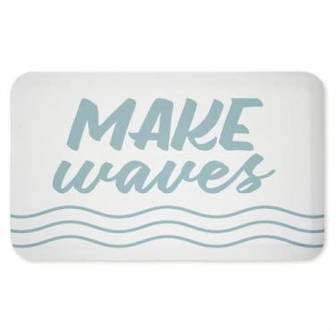 Imagem de Tapete antifadiga Make Waves Aqua Blue, ergonômico acolchoado para cozinha e tapete de pé com suporte antiderrapante, tapete confortável ecológico, design por letras e forrado, 76 cm x 45 cm