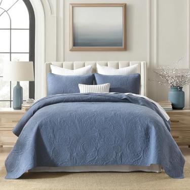 Imagem de AJOCCI Conjunto de edredom de algodão California King, roupa de cama azul retrô, colchas paisley, colcha de algodão macio, cor lisa, leve, para todas as estações, 3 peças