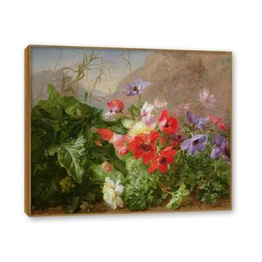 Imagem de Moldura de teca. Arte em tela floral country, pintura botânica vintage de natureza morta, decoração de parede de cozinha de fazenda emoldurada para sala de jantar. A09. 60 x 72 cm-23,6 x 28,3 pol