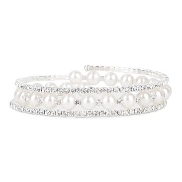 Imagem de Pulseira Elástica de Pérola Imitação, Multicamadas Pulseira de Strass Empilhável Joias Casamento Delicadas para Mulheres Noivas Festa Bailes Formatura