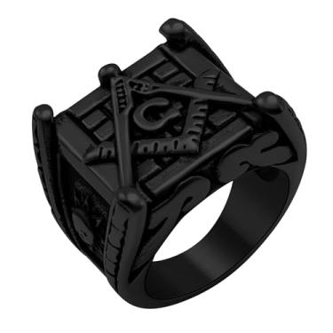 Imagem de Oaldilee Anéis maçônicos para homens, aço inoxidável 316L/ouro real 18K/joia maçônica de metal preto, anel de pedreiro punk motociclista, tamanho 7-12, Metal, Sem pedra preciosa