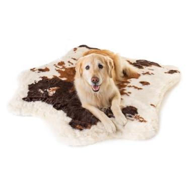 Imagem de PupRug Cama ortopédica para cães grandes com pelo sintético macio e macio e espuma viscoelástica para alívio da dor nas articulações, lavável na máquina e à prova d'água, sofá-cama, marrom e branco,