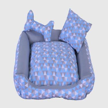 Imagem de Cama Pet Média Quadrada Impermeável, Tecido Tricoline 100% Algodão, 50 x 50 x 15 cm, com Almofada e Almofada Ossinho, Zíper nos 4 Lados, Fundo Impermeável (Luck Azul Bebê e Cinza)