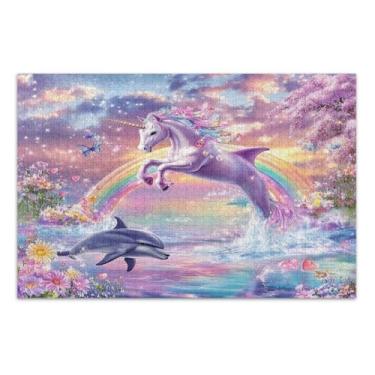 Imagem de Quebra-cabeças trippy de golfinhos de unicórnio rosa para adultos com letras nas costas quebra-cabeças de 500 peças para adultos peça grande
