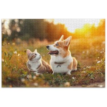 Imagem de Corgi Quebra-cabeça de campo de gato com estampa de cachorro para adultos 1000 peças decoração de casa arte arte quebra-cabeça engraçado presentes de jogo