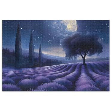 Imagem de Quebra-cabeça de campo lavanda estrelas lua noite 1000 peças para adultos presentes de elefante branco brinquedo adulto engraçado pintura decorativa colorida