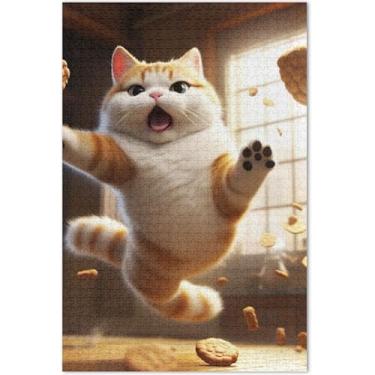 Imagem de Quebra-cabeças engraçados de gato gordo pulando para adultos 500 peças presentes de festa de elefante branco Prime Puzzles de desenho animado animal
