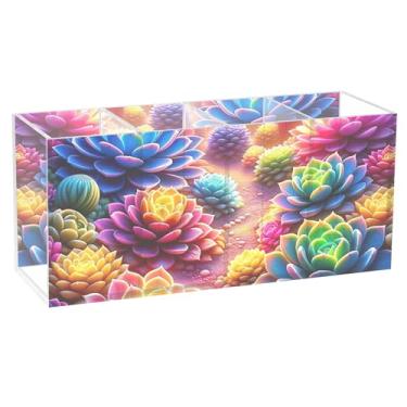 Imagem de TSENQUE Porta-lápis de mesa colorido e vibrante, brilhante, suculentas, artesanato, acrílico, porta-pincéis de maquiagem, copo de lápis, 20 cm x 6,3 cm x 9 cm
