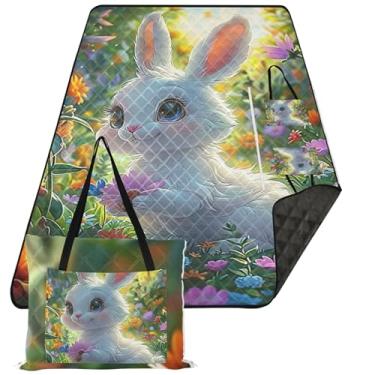 Imagem de TSENQUE Cobertores de areia florais de coelho branco fofo para praia com estampa à prova de areia tapete para acampamento ao ar livre cobertor de piquenique fofo 203 x 152 cm