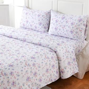Imagem de MICORAL Jogo de lençol infantil com flores roxas e gatos, 4 peças de lençóis para meninos e meninas, lençóis de microfibra com estampa macia, conjunto de cama infantil aconchegante com bolso profundo