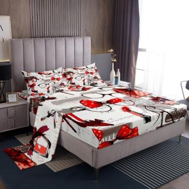 Imagem de Jogo de lençol Queen com laço vermelho, batom de mulher bonita, salto alto, 4 peças, tema de maquiagem moderno, lençol com elástico para decoração de quarto de mulheres, meninas e adolescentes, lençol