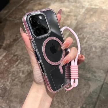 Imagem de Capa magnética transparente com alça de pulso para iPhone 14, 15, 16 Plus, 11, 12, 13, 16 Pro Max, capa transparente com glitter brilhante, rosa, para iPhone 11 ProMax