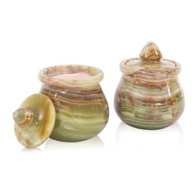 Imagem de Adega de mármore de 9 cm feita à mão, conjunto de 2 suportes de sal ônix verde - adega de sal com tampa, recipiente de sal e pimenta, caixa de sal, suporte de sal com tampa - adega de sal para