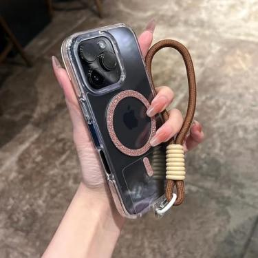 Imagem de Capa magnética transparente com alça de pulso para iPhone 14, 15, 16 Plus, 11, 12, 13, 16 Pro Max, capa transparente com glitter brilhante, dourada, para iPhone 13 Pro