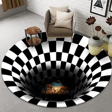 Imagem de Tapete redondo com ilusão de vórtice 3D, preto, branco, xadrez, tapete óptico visual 3D para quarto, sala de estar, decoração de casa, tapete redondo antiderrapante, D, diâmetro 80 cm