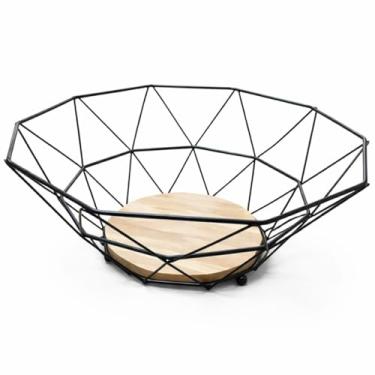 Imagem de Fruteira Preta de Metal com Base em Madeira, Design Geométrico Decorativo para Cozinha e Mesa, 26 cm