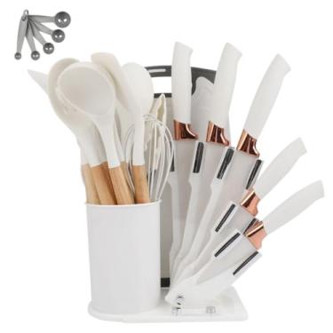 Imagem de Kit Utensílios de Cozinha Silicone 19 Peças com Facas | Cabo de Madeira Completo(Branco)