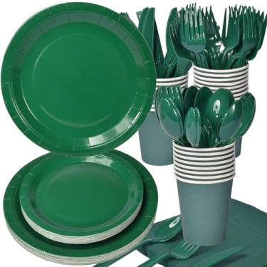 Imagem de Artigos de aniversário para festa verde – pratos de papel, guardanapos, copos, conjunto de louça descartável, serve 25, garfos de plástico, facas, colheres para casamento, chá de panela, chá de bebê,