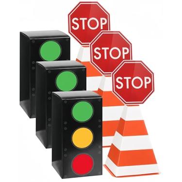 Imagem de Feifeiya 3 peças de caixa de lembrancinhas de semáforo, 3 peças de centro de mesa de cone de trânsito para mesa, corrida, carro, temático, doces, contêiner, transporte, luz de transporte, placa de