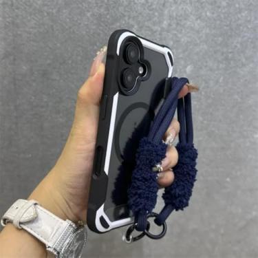 Imagem de HJZSZX Capa protetora magnética transparente com cordão de pelúcia para iPhone 16 Pro (preta)