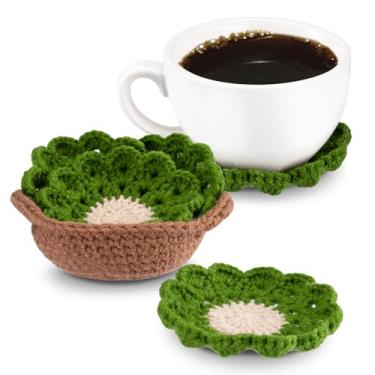 Imagem de Elfzone Porta-copos de crochê de flores - 8 peças de pote de folhas de crochê, recipientes para bebidas, porta-copos decorativos divertidos e macios para inauguração de casa para mesa de bar nova casa